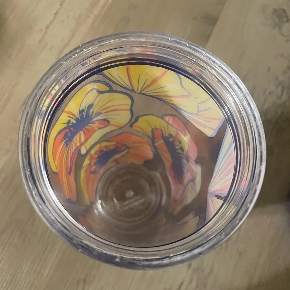STARBUCKS 16ozs flowers grande size cold cup blue yellow orange clear tumbler